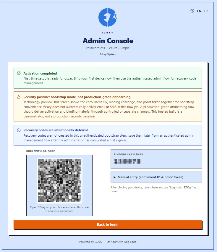 Admin UI: sign-in screen with activation code and QR region for the mobile app