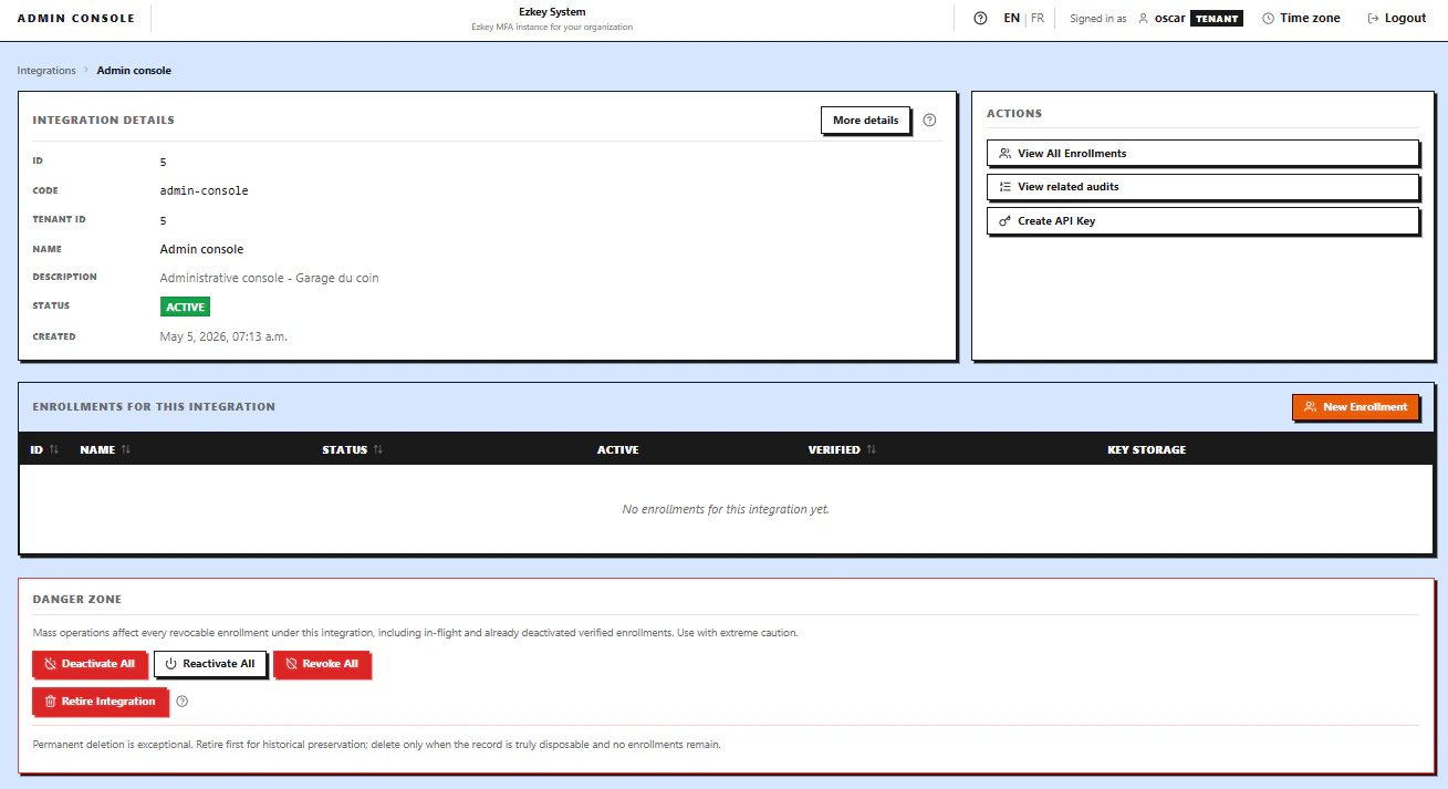 Admin UI: form or list showing a created integration