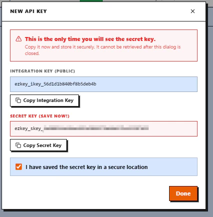 Admin UI: newly created API key (secret partially obscured)