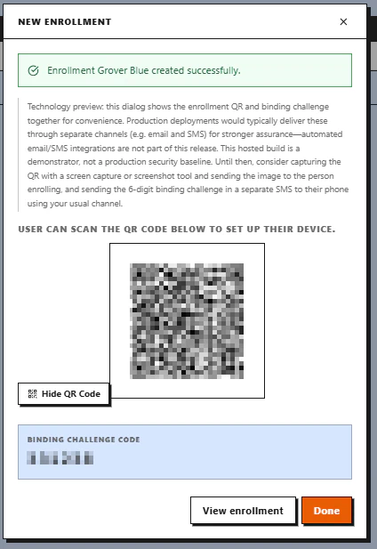 Admin UI: enrollment screen with QR and challenge